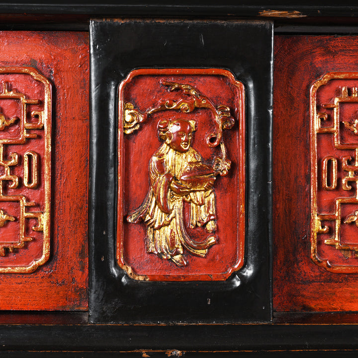 Central Panel Detail From 19th-Century Chinese Fujian Altar Table With Red And Black Lacquer, Hand-Painted Gilt Panels, And Ornate Carved Legs