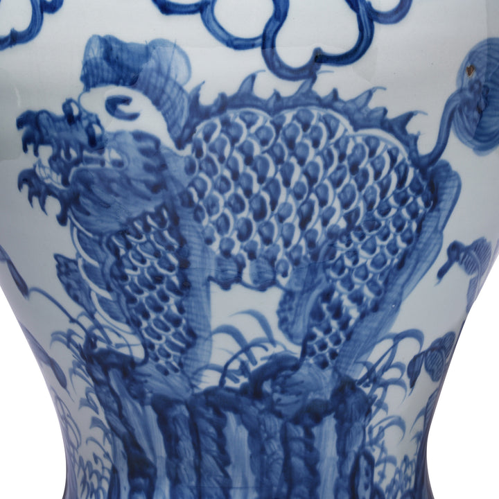 Qilin Detail From Small Small Blue & White Porcelain Temple Jar - Qilin Design | Indigo Antiques
