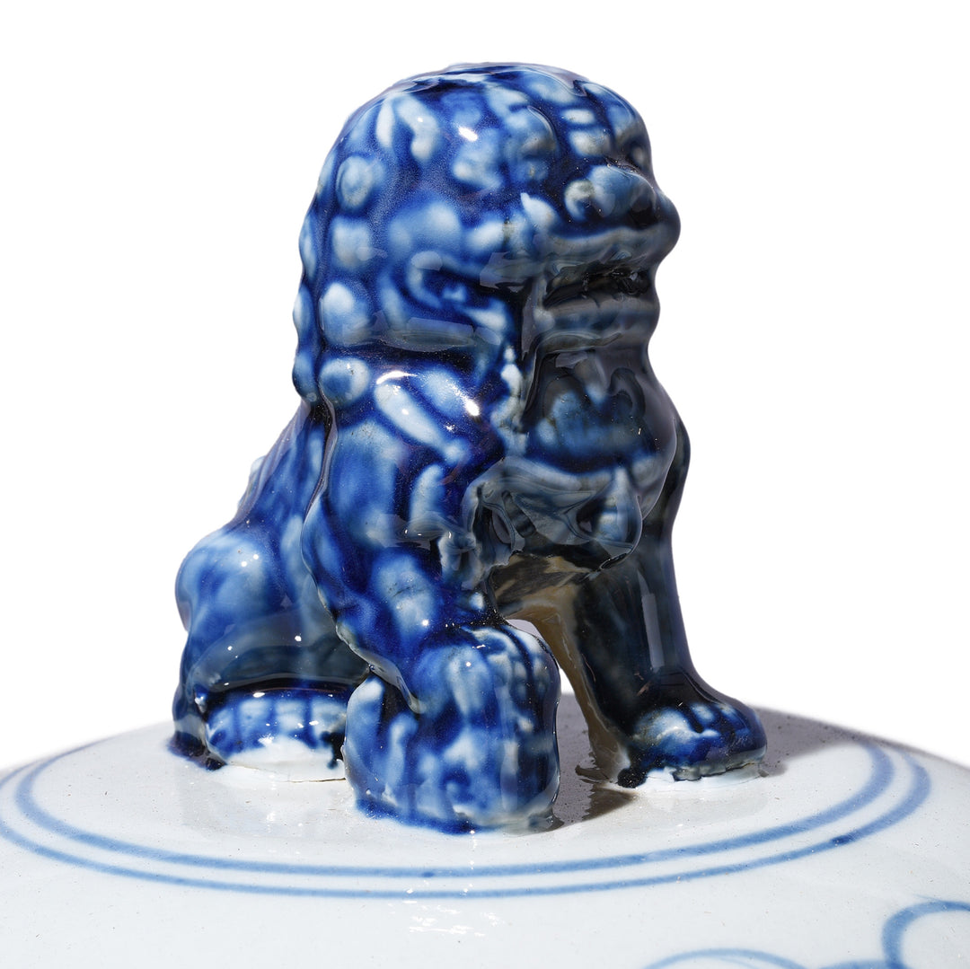 Lion Detail From Small Small Blue & White Porcelain Temple Jar - Qilin Design | Indigo Antiques
