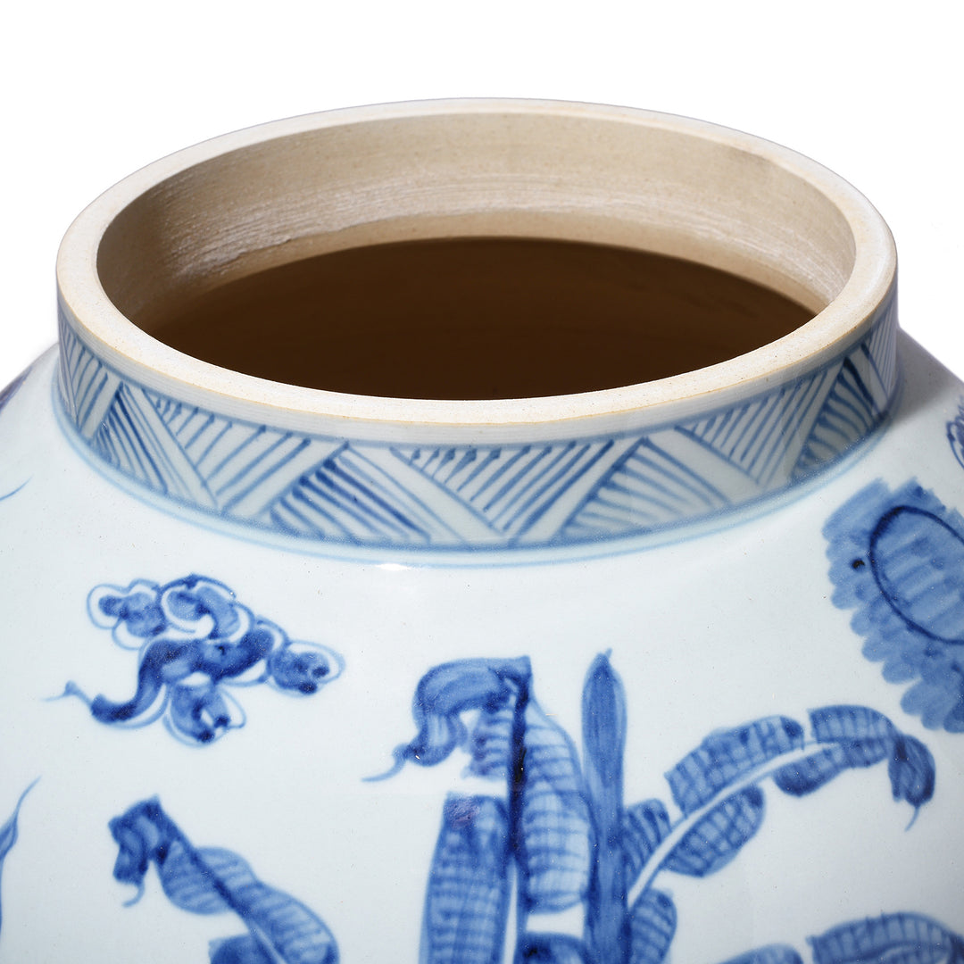 Rim Detail From Small Small Blue & White Porcelain Temple Jar - Qilin Design | Indigo Antiques

