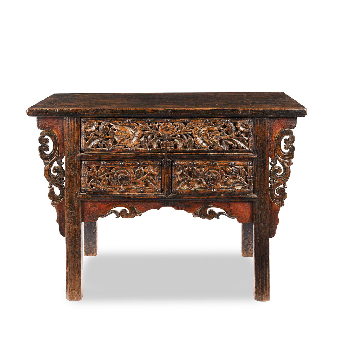 Antique Carved 3 Drawer Elm Wine Table From Shanxi | Indigo Antiques