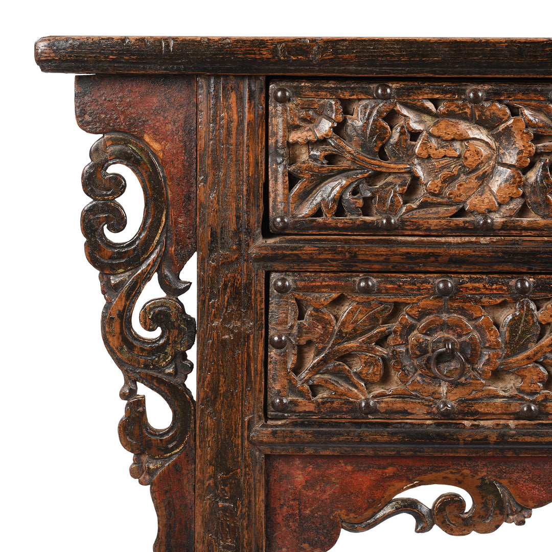 Corner Carving Detail From Antique Carved 3 Drawer Elm Wine Table From Shanxi | Indigo Antiques