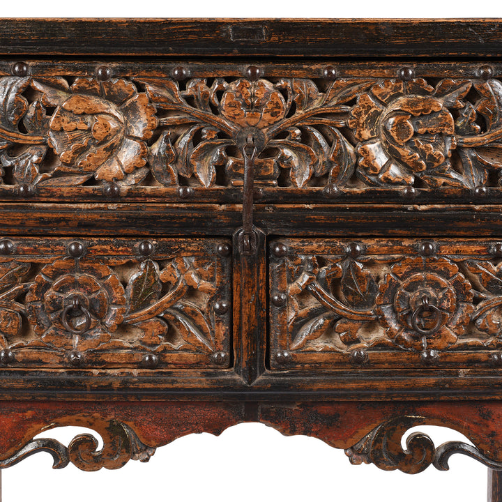 Central Carving And Latch Detail From Antique Carved 3 Drawer Elm Wine Table From Shanxi | Indigo Antiques