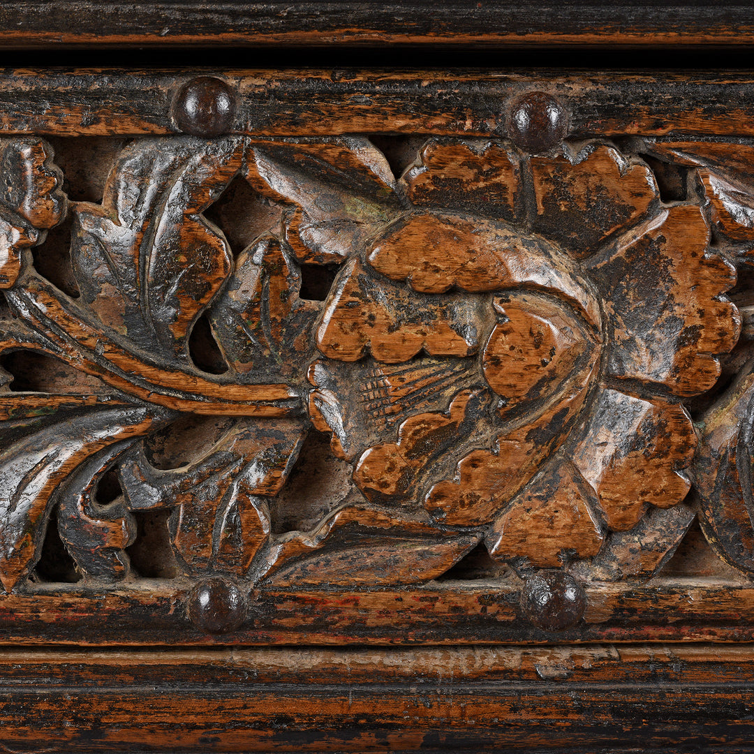 Floral Carving Detail From Antique Carved 3 Drawer Elm Wine Table From Shanxi | Indigo Antiques