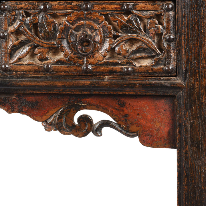 Flange Carving Detail From Antique Carved 3 Drawer Elm Wine Table From Shanxi | Indigo Antiques