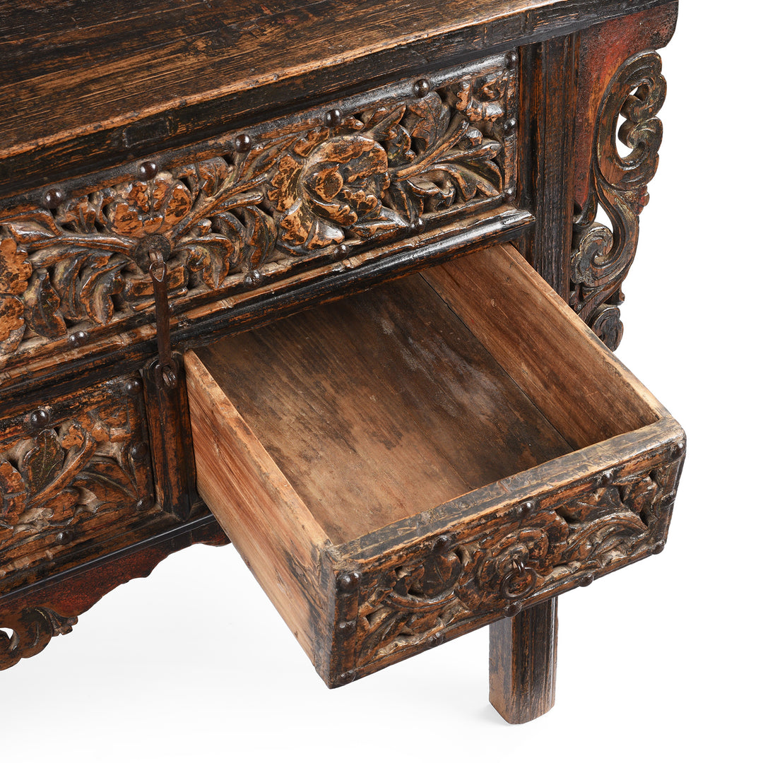 Drawer Detail From Antique Carved 3 Drawer Elm Wine Table From Shanxi | Indigo Antiques