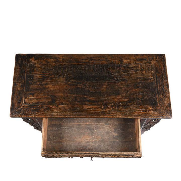 Top Down View Of Antique Carved 3 Drawer Elm Wine Table From Shanxi | Indigo Antiques