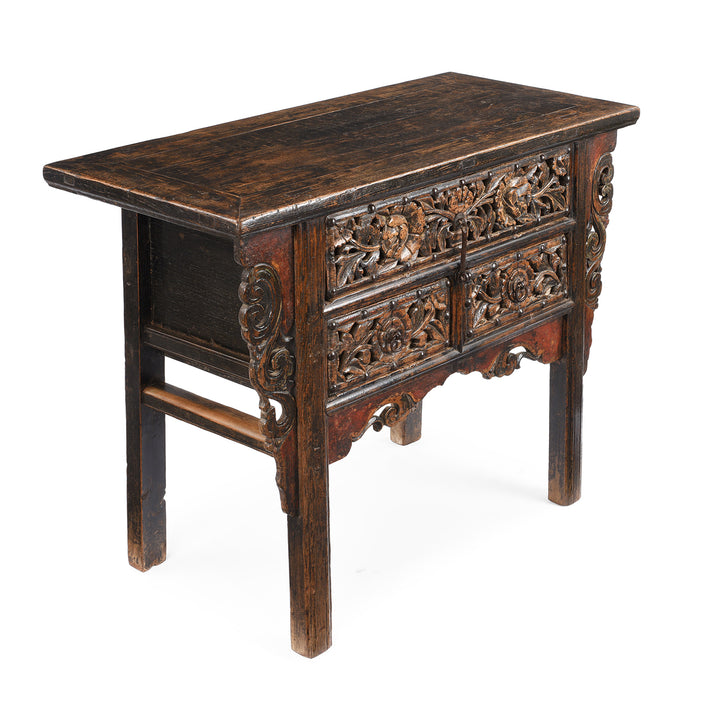 Angled View Of Antique Carved 3 Drawer Elm Wine Table From Shanxi | Indigo Antiques