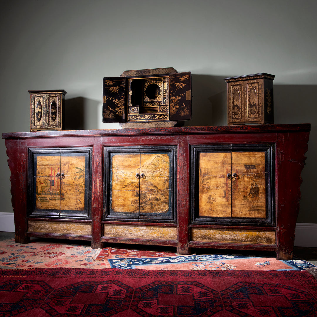Antique Painted Chinese Qinghai Sideboard with various Canton export black lacquer cabinets on | Chinese Interior Style | Indigo Antiques