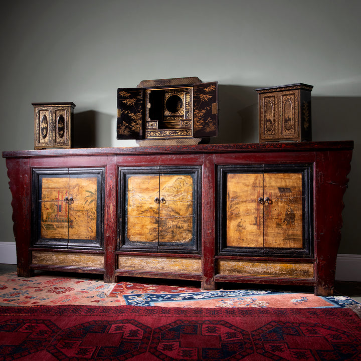 Antique Painted Chinese Qinghai Sideboard with various Canton export black lacquer cabinets on | Chinese Interior Style | Indigo Antiques
