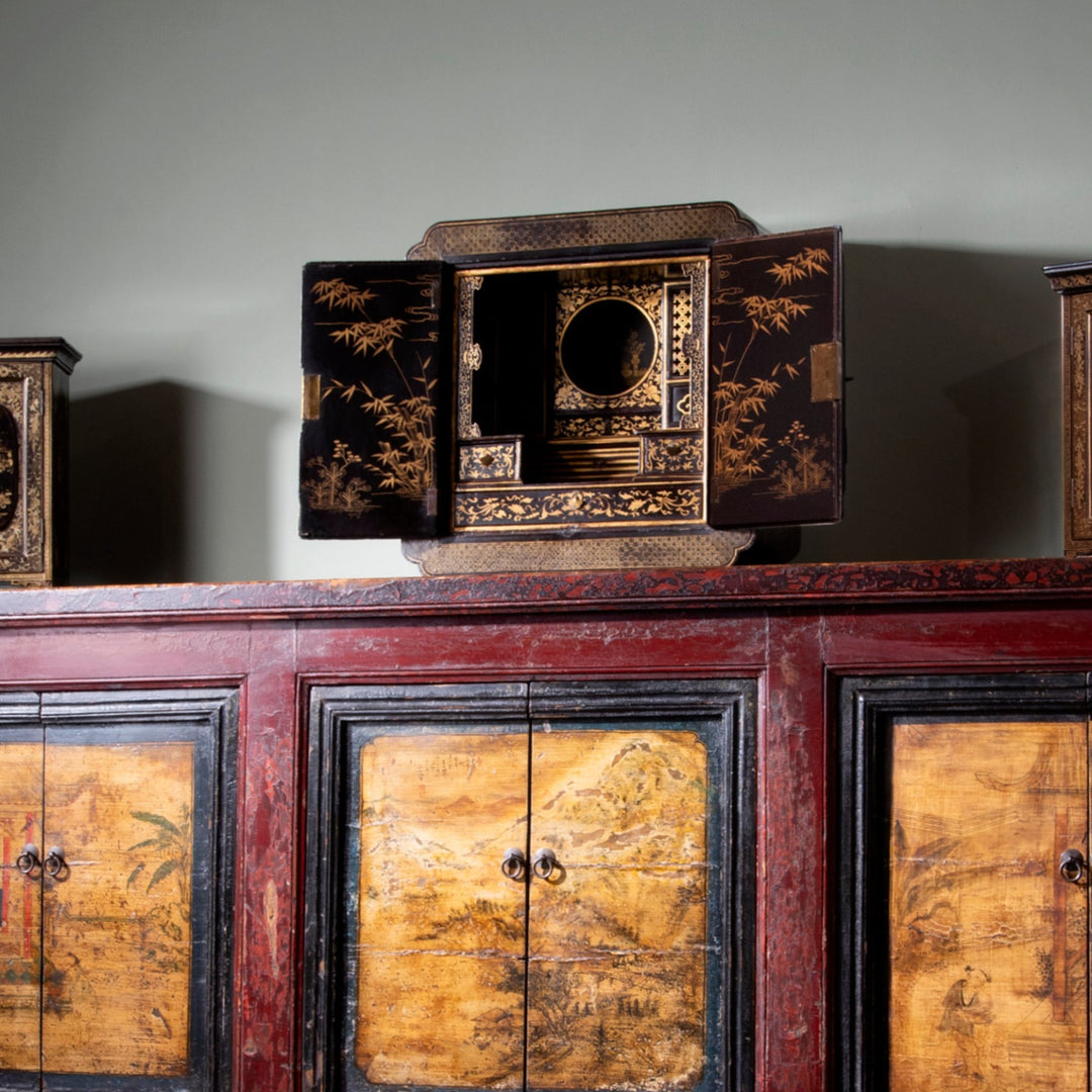 Chinese Canton Shrine Cabinet | This gilt black lacquer shrine cabinet was made for export from Canton to Europe | Indigo Antiques