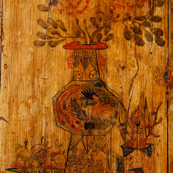 Painted Vase Detail From Door Of Antique Painted Mongolian Storage Cabinet | Indigo Antiques