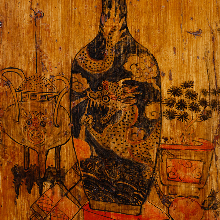 Painted Vase Detail From Door Of Antique Painted Mongolian Storage Cabinet | Indigo Antiques