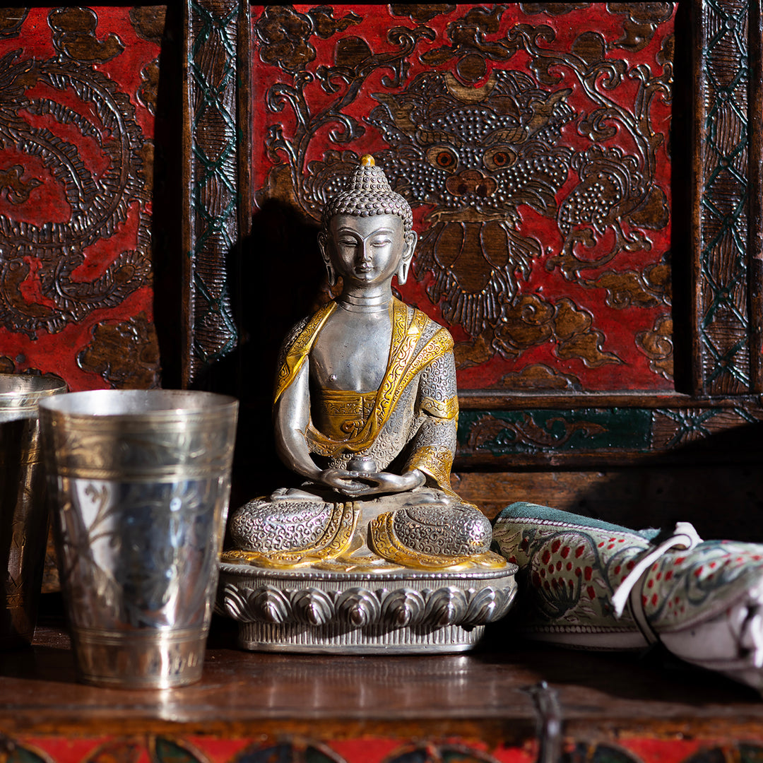 Silver Plated Meditation Buddha Statue - Dhyana Mudra | Indigo Antiques