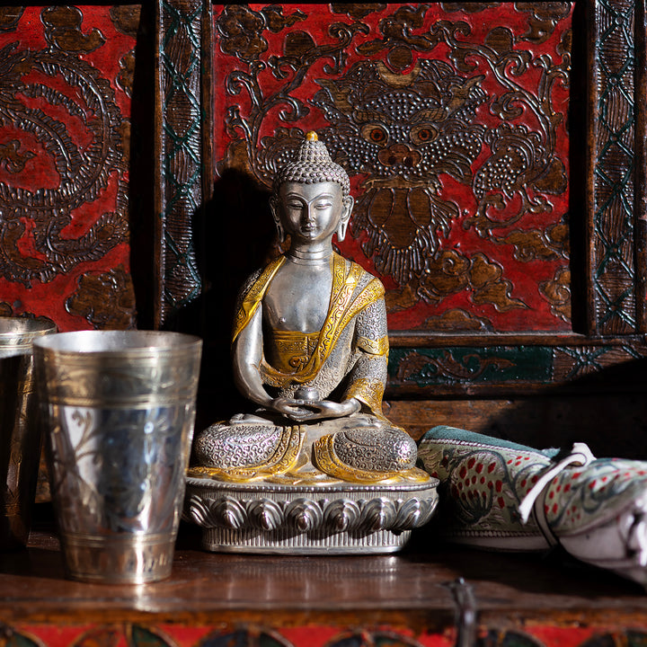 Silver Plated Meditation Buddha Statue - Dhyana Mudra | Indigo Antiques