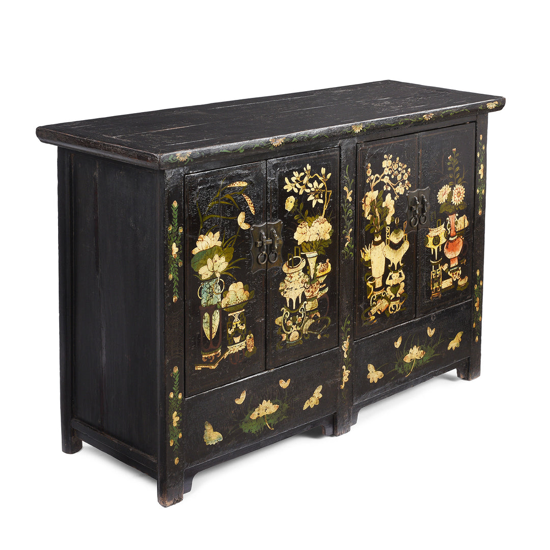 Angled View Of Antique Chinese Black Lacquer Sideboard From Shanxi | Indigo Antiques