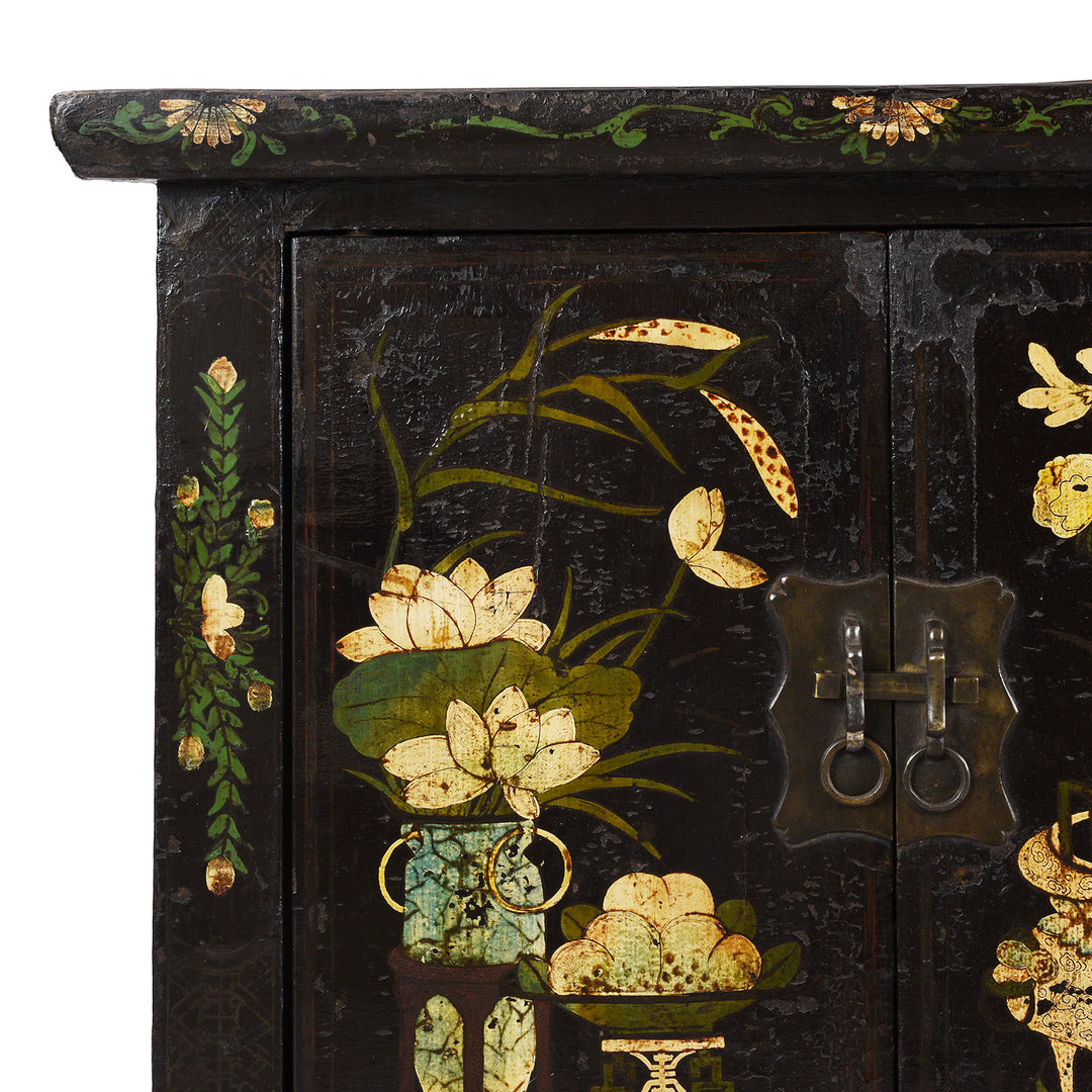 Corner Detail From Antique Chinese Black Lacquer Sideboard From Shanxi | Indigo Antiques