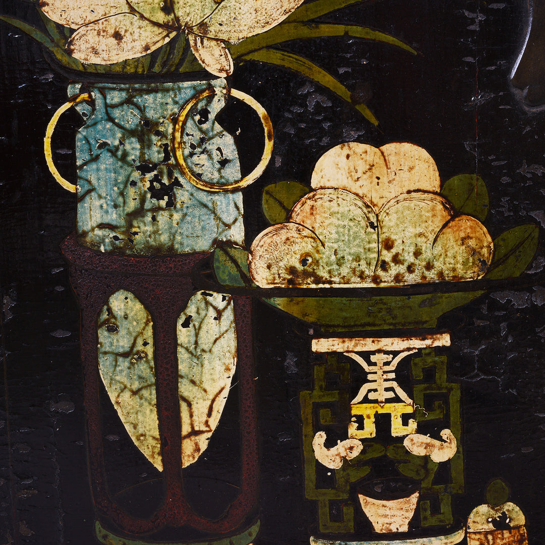 Paintwork Detail From Antique Chinese Black Lacquer Sideboard From Shanxi | Indigo Antiques