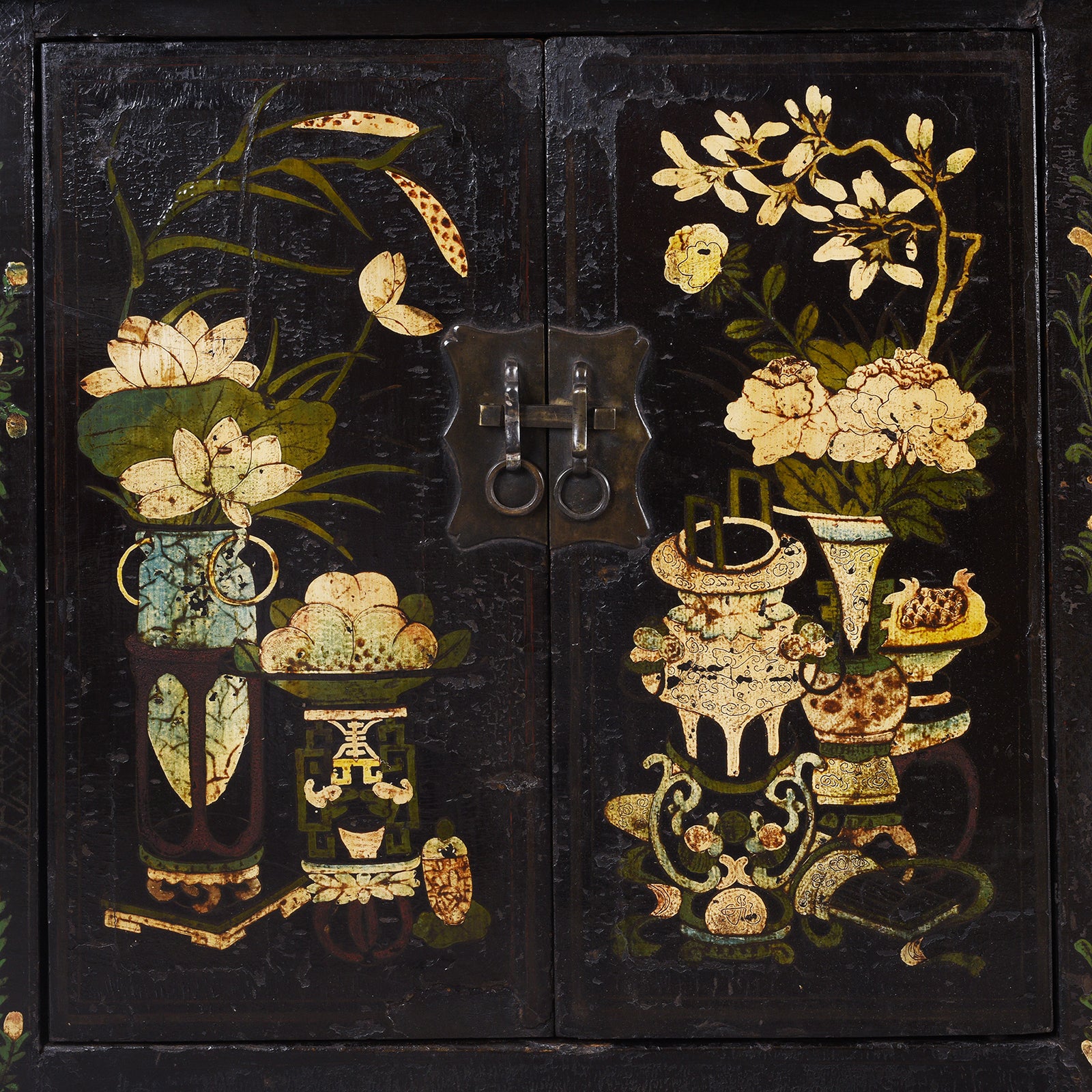 Door Paintwork Detail From Antique Chinese Black Lacquer Sideboard From Shanxi | Indigo Antiques