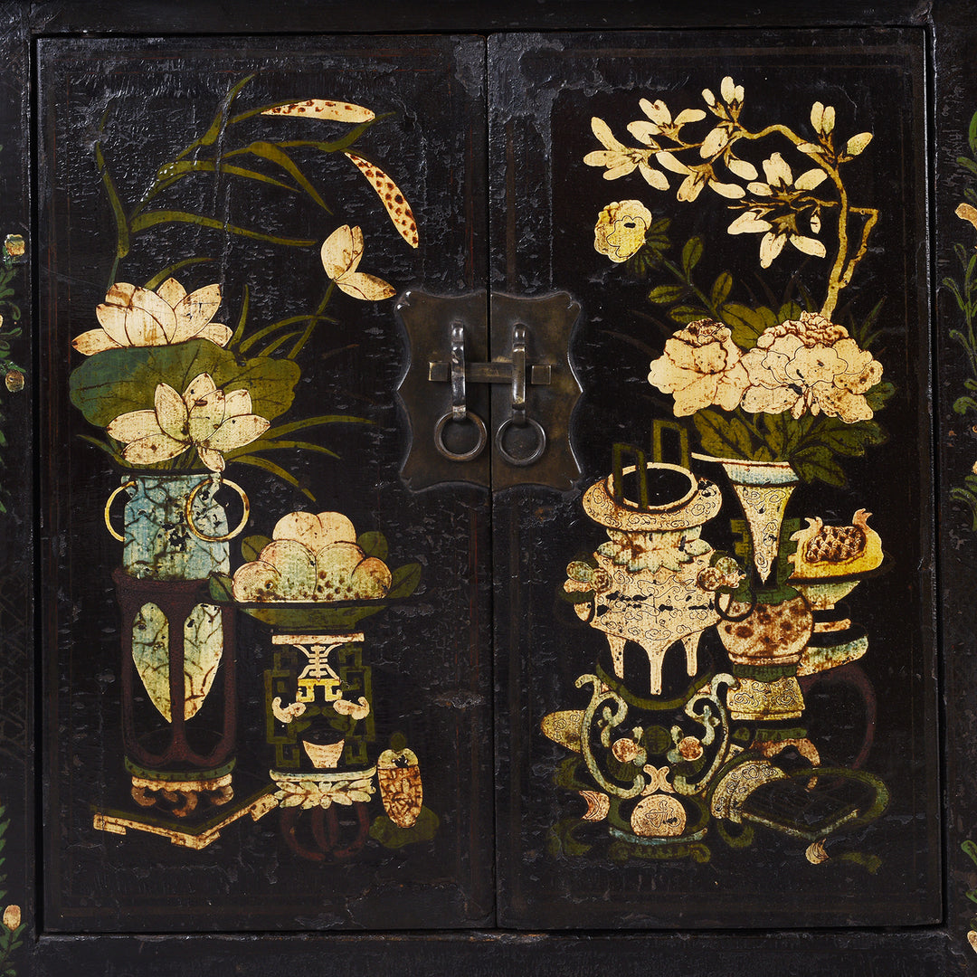 Door Paintwork Detail From Antique Chinese Black Lacquer Sideboard From Shanxi | Indigo Antiques
