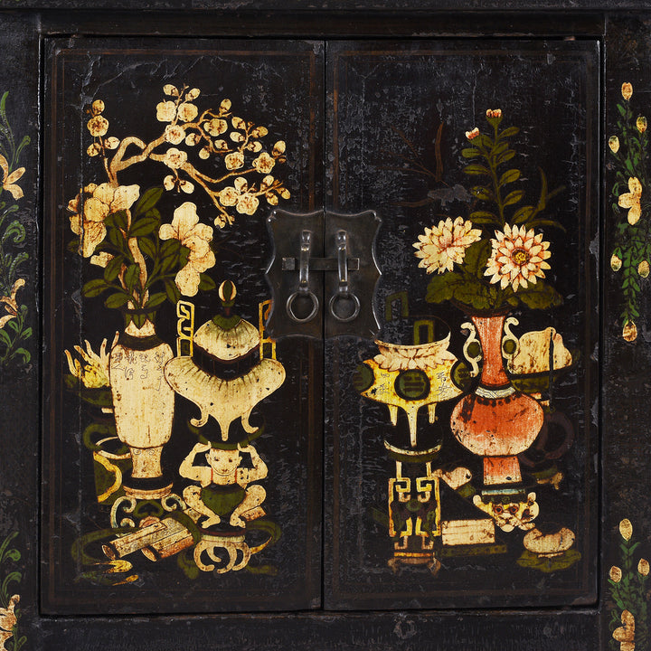 Door Paintwork Detail From Antique Chinese Black Lacquer Sideboard From Shanxi | Indigo Antiques