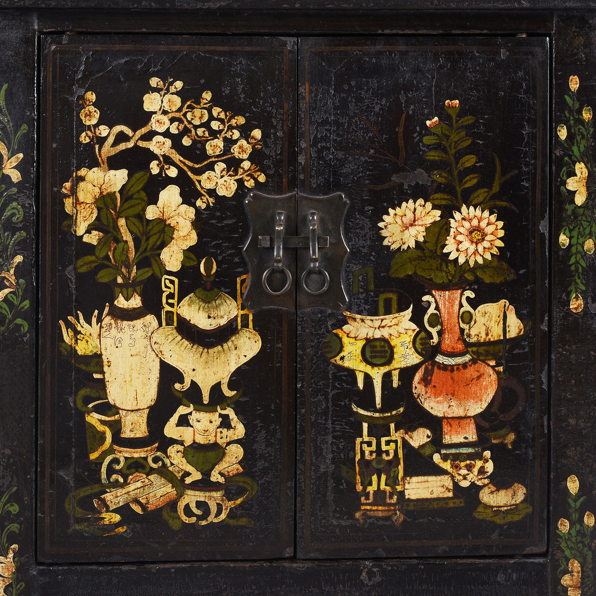 Door Paintwork Detail From Antique Chinese Black Lacquer Sideboard From Shanxi | Indigo Antiques