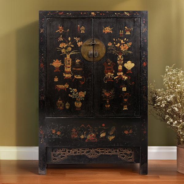 Chinese Black Lacquer Wedding Cabinet From Shanxi -19th Century