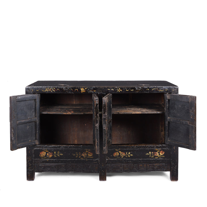Open Doors View Of Antique Chinese Black Lacquer Sideboard From Shanxi | Indigo Antiques