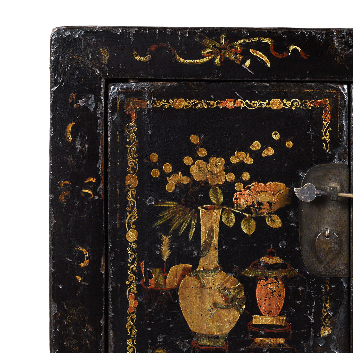 Corner Detail From Antique Chinese Black Lacquer Sideboard From Shanxi | Indigo Antiques