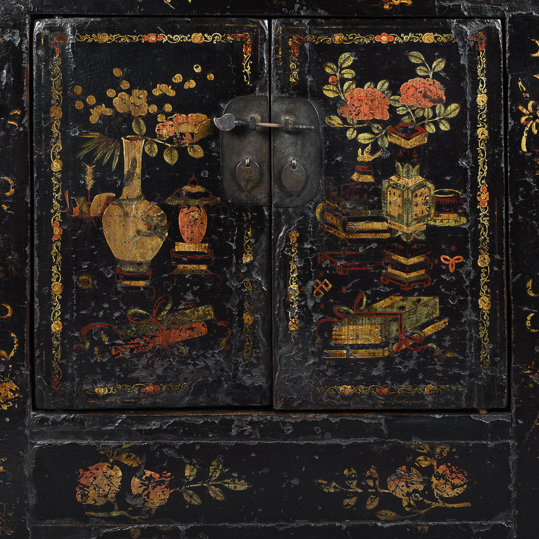 Door Artwork Detail From Antique Chinese Black Lacquer Sideboard From Shanxi | Indigo Antiques