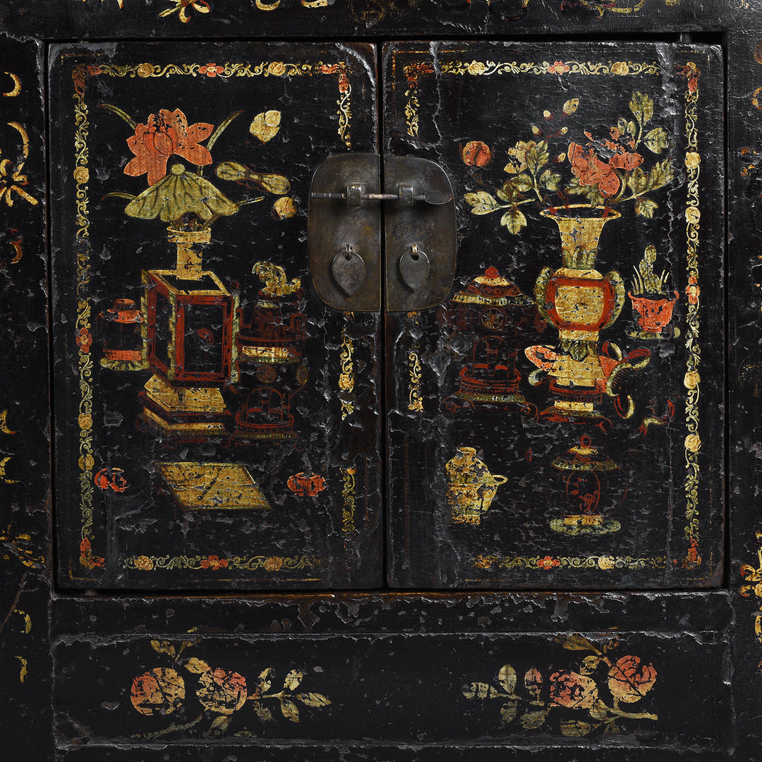 Door Artwork Detail From Antique Chinese Black Lacquer Sideboard From Shanxi | Indigo Antiques