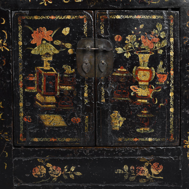 Door Artwork Detail From Antique Chinese Black Lacquer Sideboard From Shanxi | Indigo Antiques