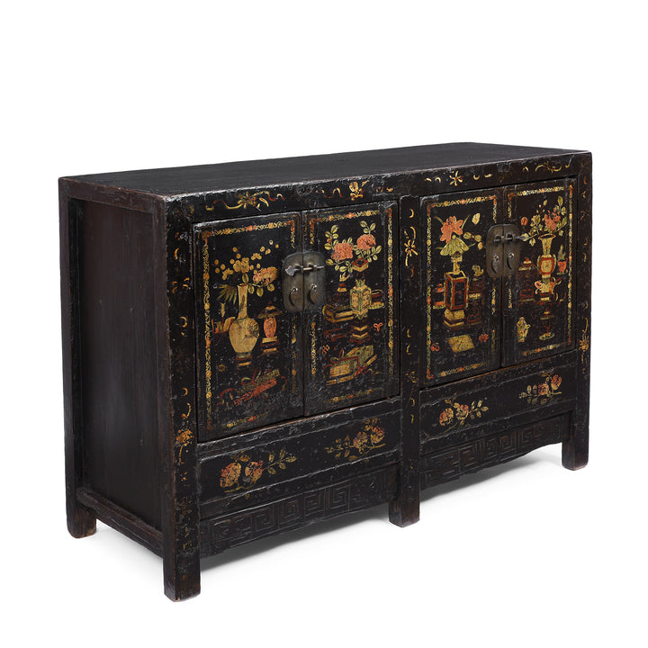 Angled View Of Antique Chinese Black Lacquer Sideboard From Shanxi | Indigo Antiques