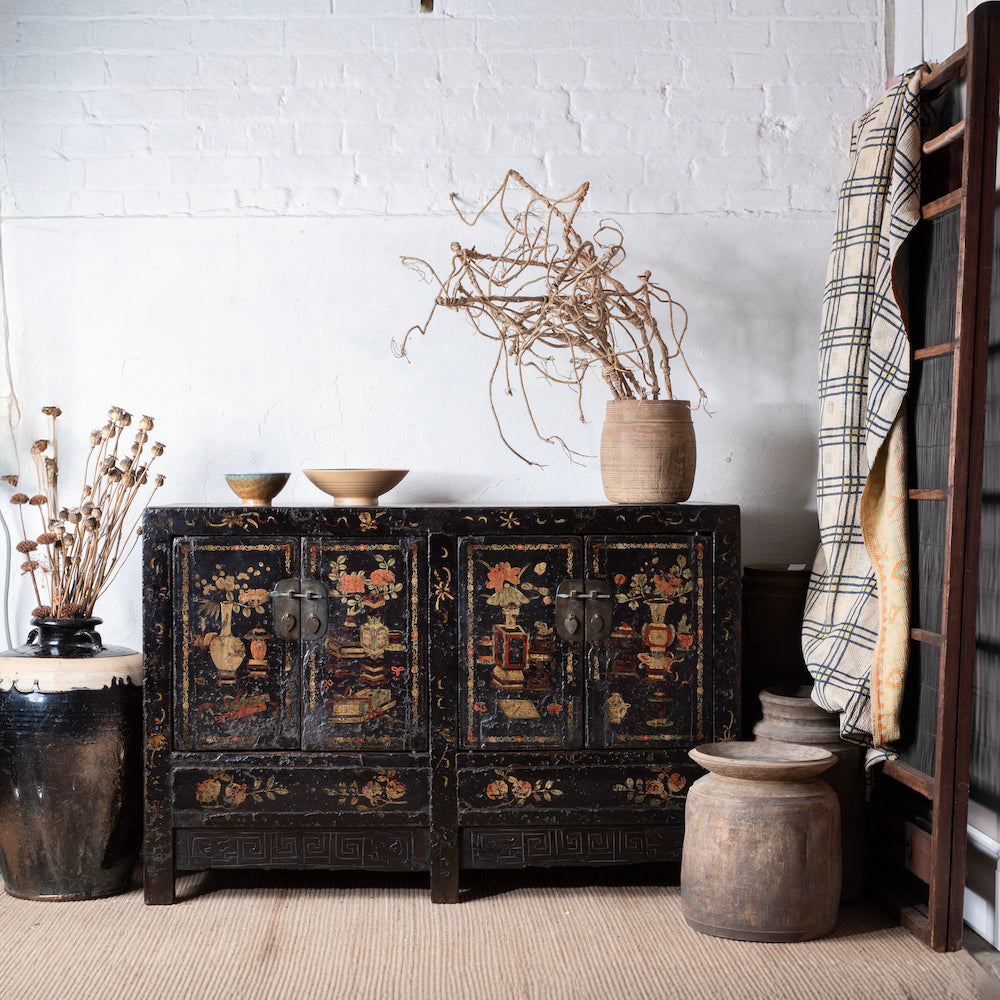 Antique Chinese painted sideboard with plant pot