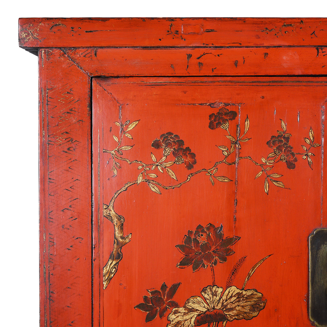 Corner Detail Showing Decorations On Antique Chinese Red Lacquer Wedding Cabinet | Indigo Antiques