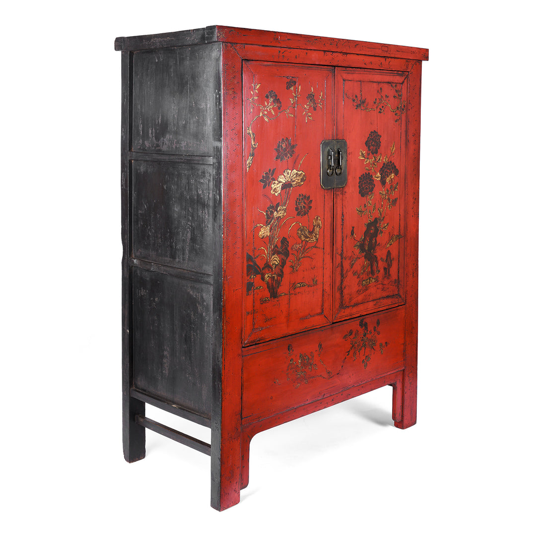 Angled View Of Antique Chinese Red Lacquer Wedding Cabinet | Indigo Antiques