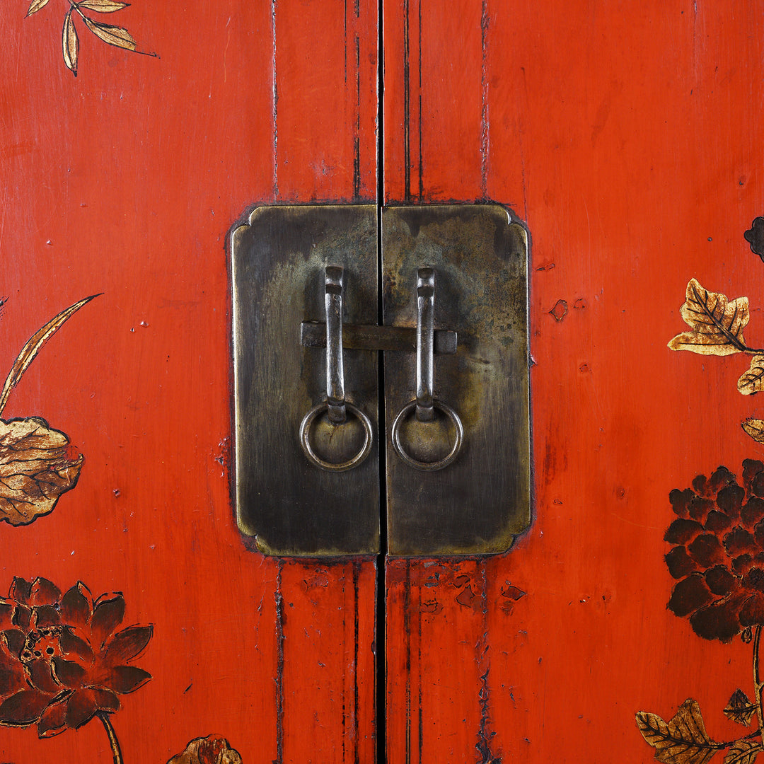 Locking Plate Detail On Antique Chinese Red Lacquer Wedding Cabinet | Indigo Antiques