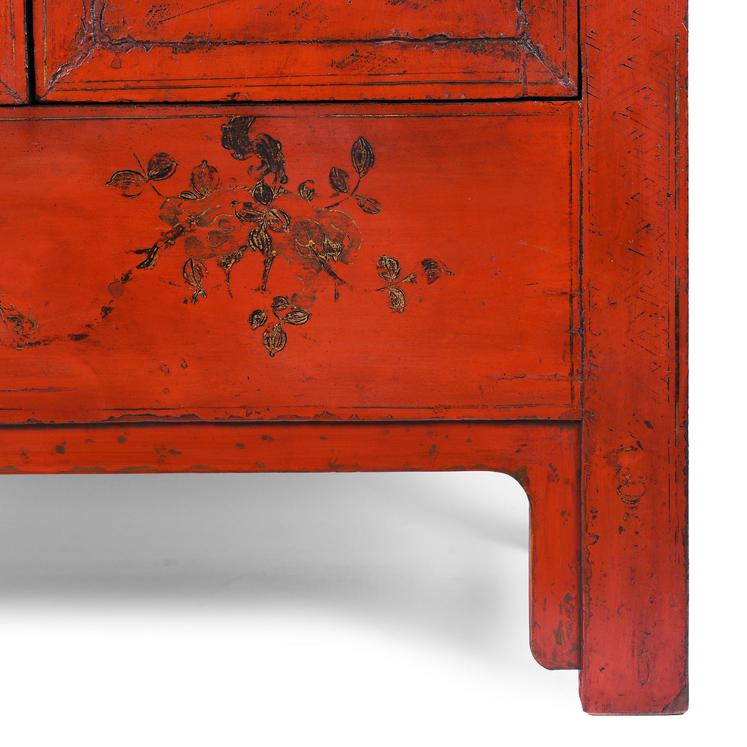 Leg Detail From Antique Chinese Red Lacquer Wedding Cabinet | Indigo Antiques