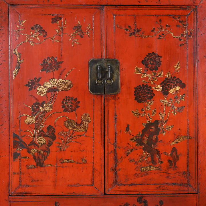 Doors Detail From Antique Chinese Red Lacquer Wedding Cabinet | Indigo Antiques