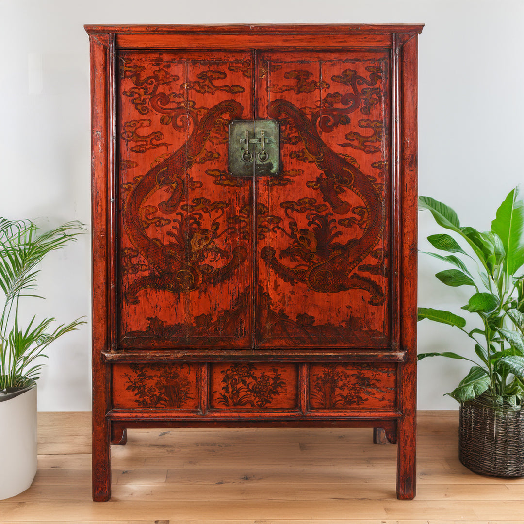 Antique Gilt Chinese Red Lacquer Chilong Dragon Wedding Cabinet | Indigo Antiques