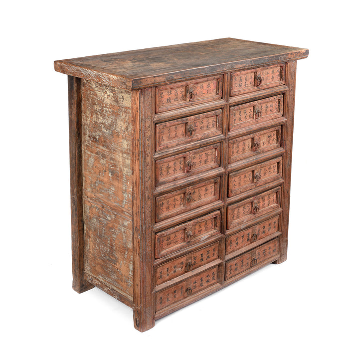 Angled View Of Antique Painted Apothecary Chest From Shanxi Province - 19th Century | Indigo Antiques