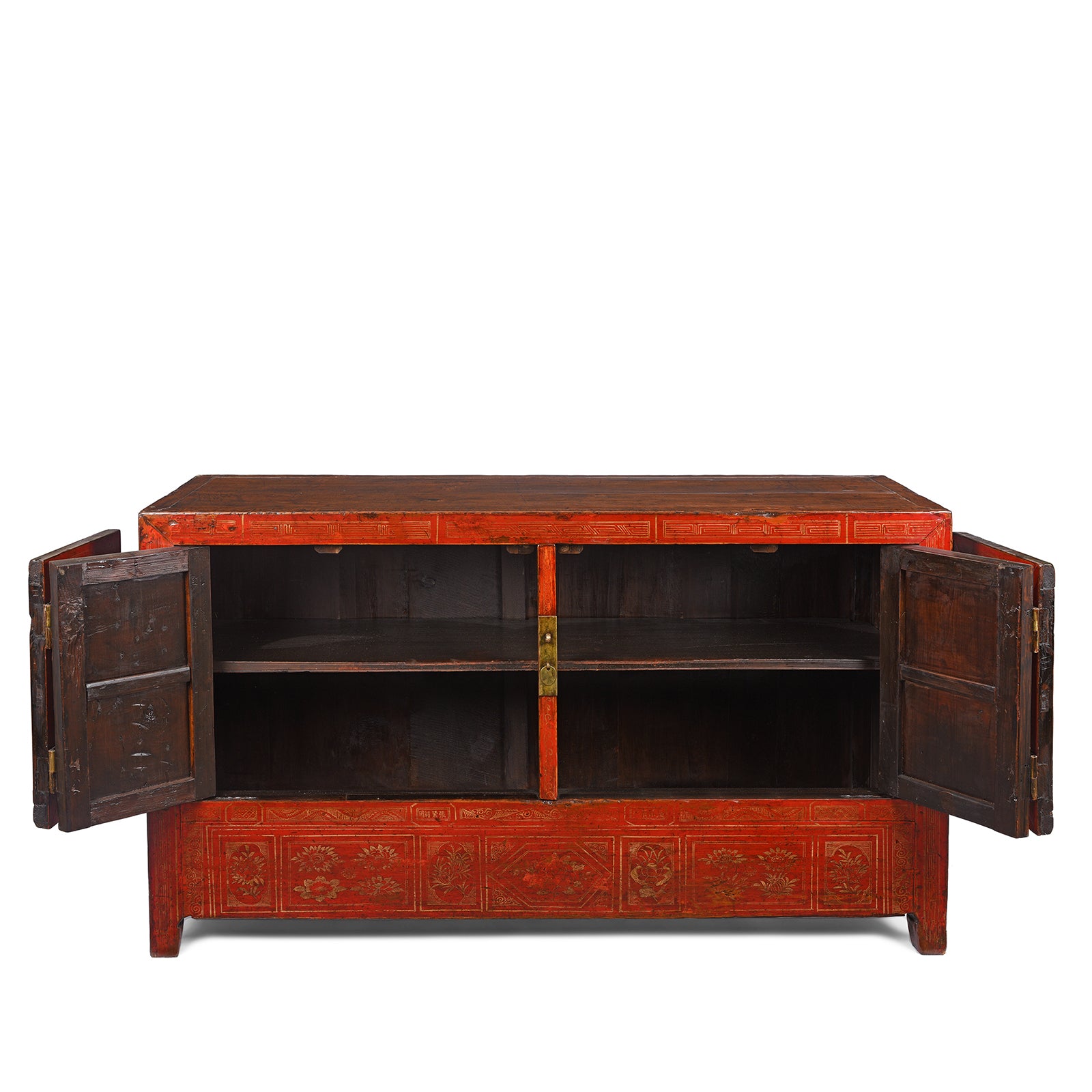 Open Doors View From Antique Red Lacquer Chinese Sideboard From Dongbei - Ca 1920 | INDIGO ANTIQUES