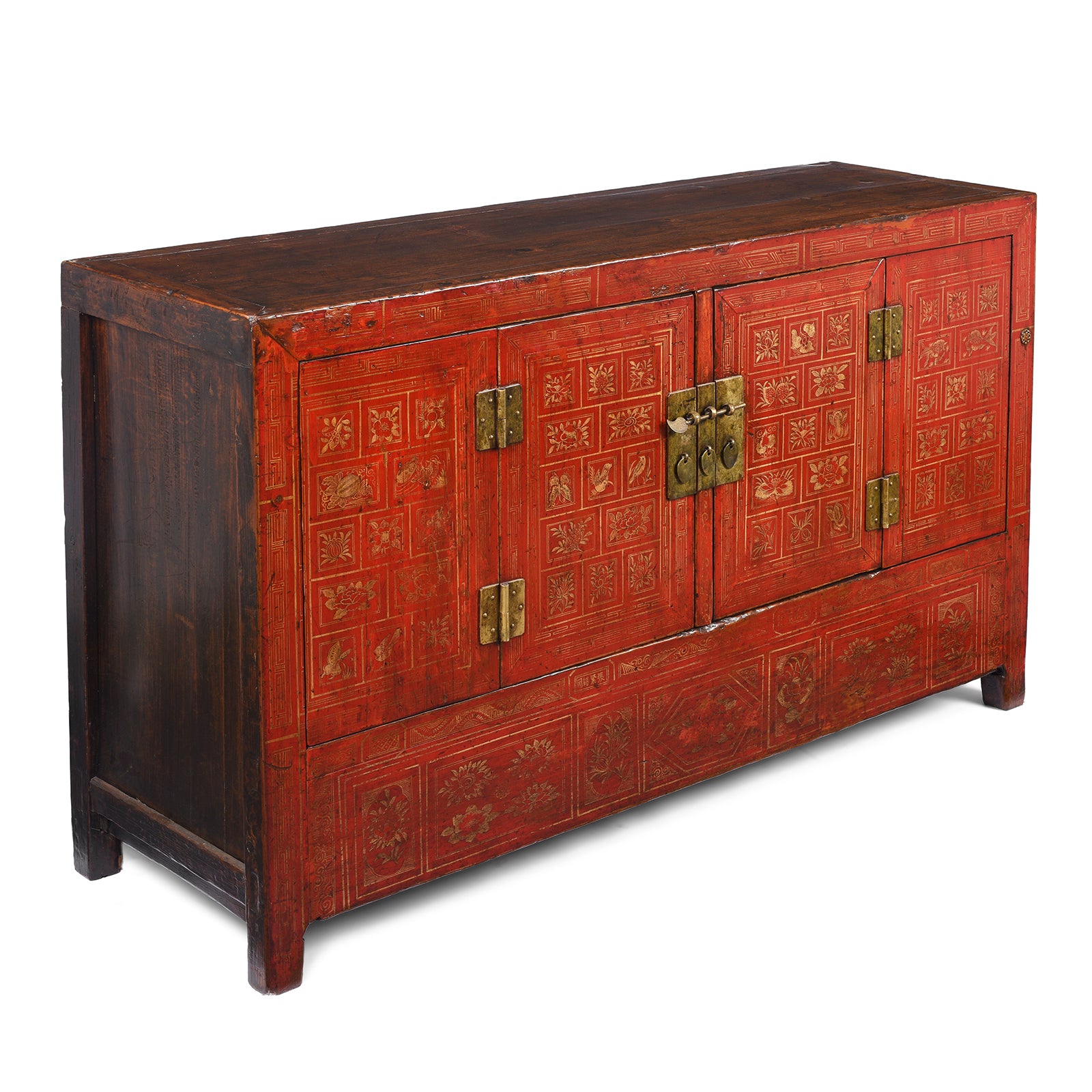 Angled View Of Antique Red Lacquer Chinese Sideboard From Dongbei - Ca 1920 | INDIGO ANTIQUES