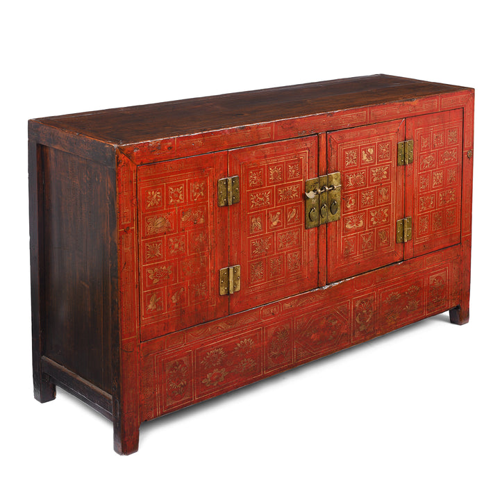 Angled View Of Antique Red Lacquer Chinese Sideboard From Dongbei - Ca 1920 | INDIGO ANTIQUES