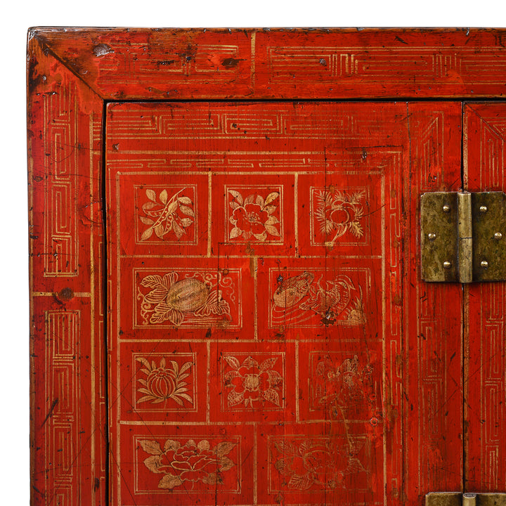 Corner Detail From Antique Red Lacquer Chinese Sideboard From Dongbei - Ca 1920 | INDIGO ANTIQUES