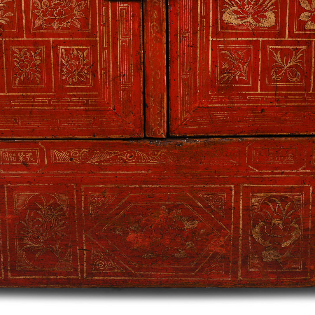 Paintwork Detail From Antique Red Lacquer Chinese Sideboard From Dongbei - Ca 1920 | INDIGO ANTIQUES
