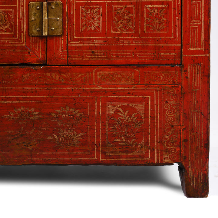 Paintwork Detail From Antique Red Lacquer Chinese Sideboard From Dongbei - Ca 1920 | INDIGO ANTIQUES