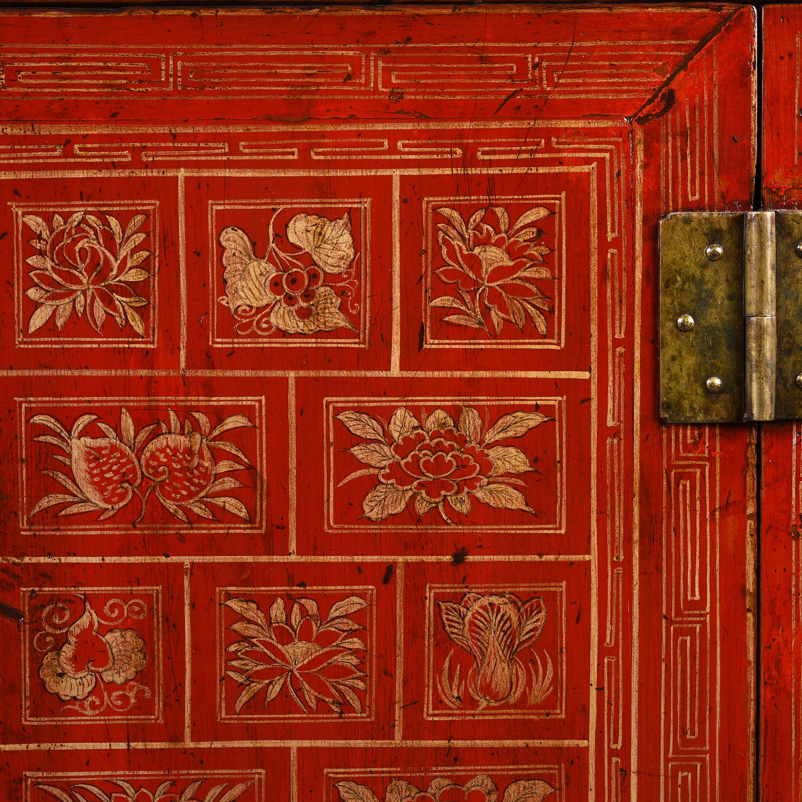 Paintwork Detail From Antique Red Lacquer Chinese Sideboard From Dongbei - Ca 1920 | INDIGO ANTIQUES
