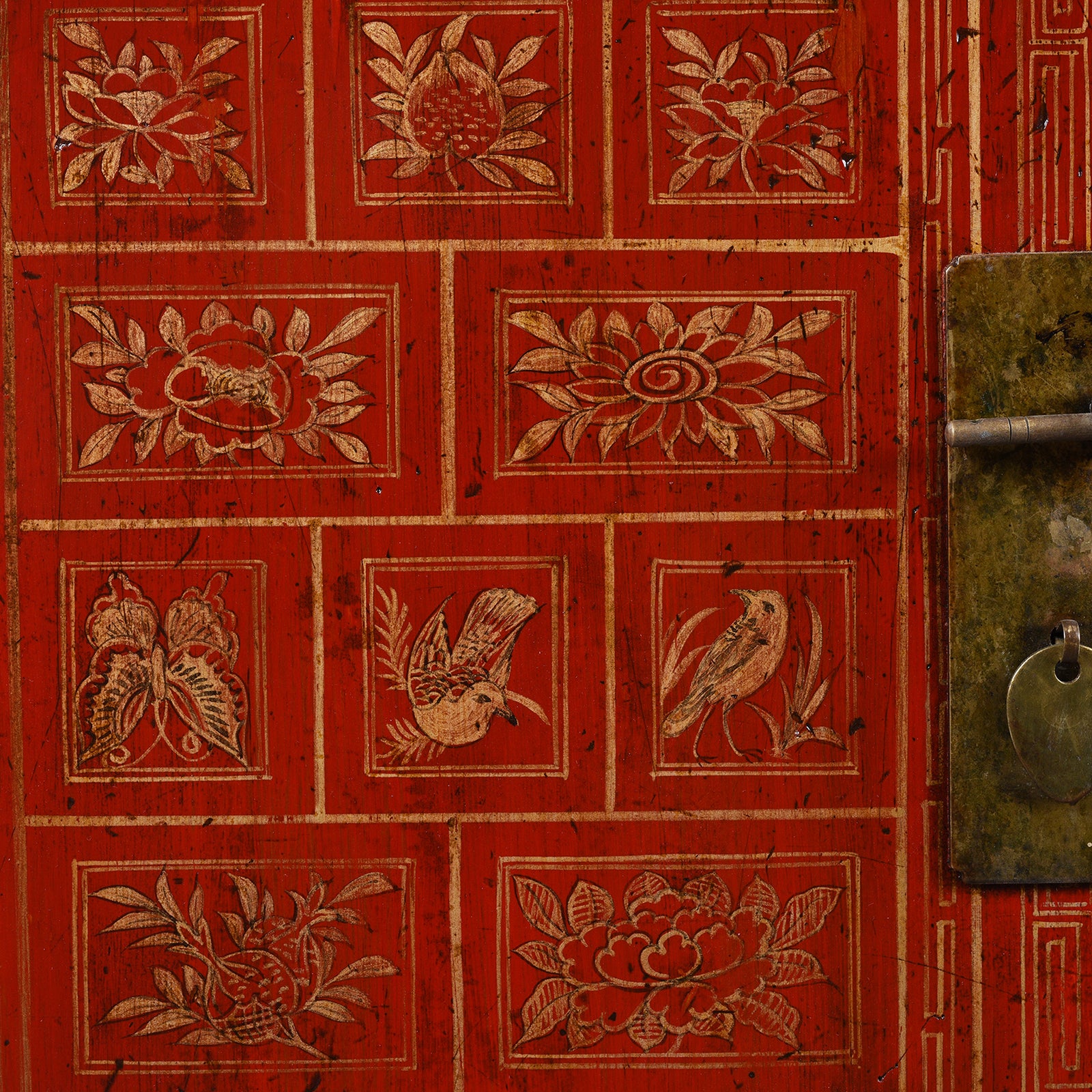 Paintwork Detail From Antique Red Lacquer Chinese Sideboard From Dongbei - Ca 1920 | INDIGO ANTIQUES