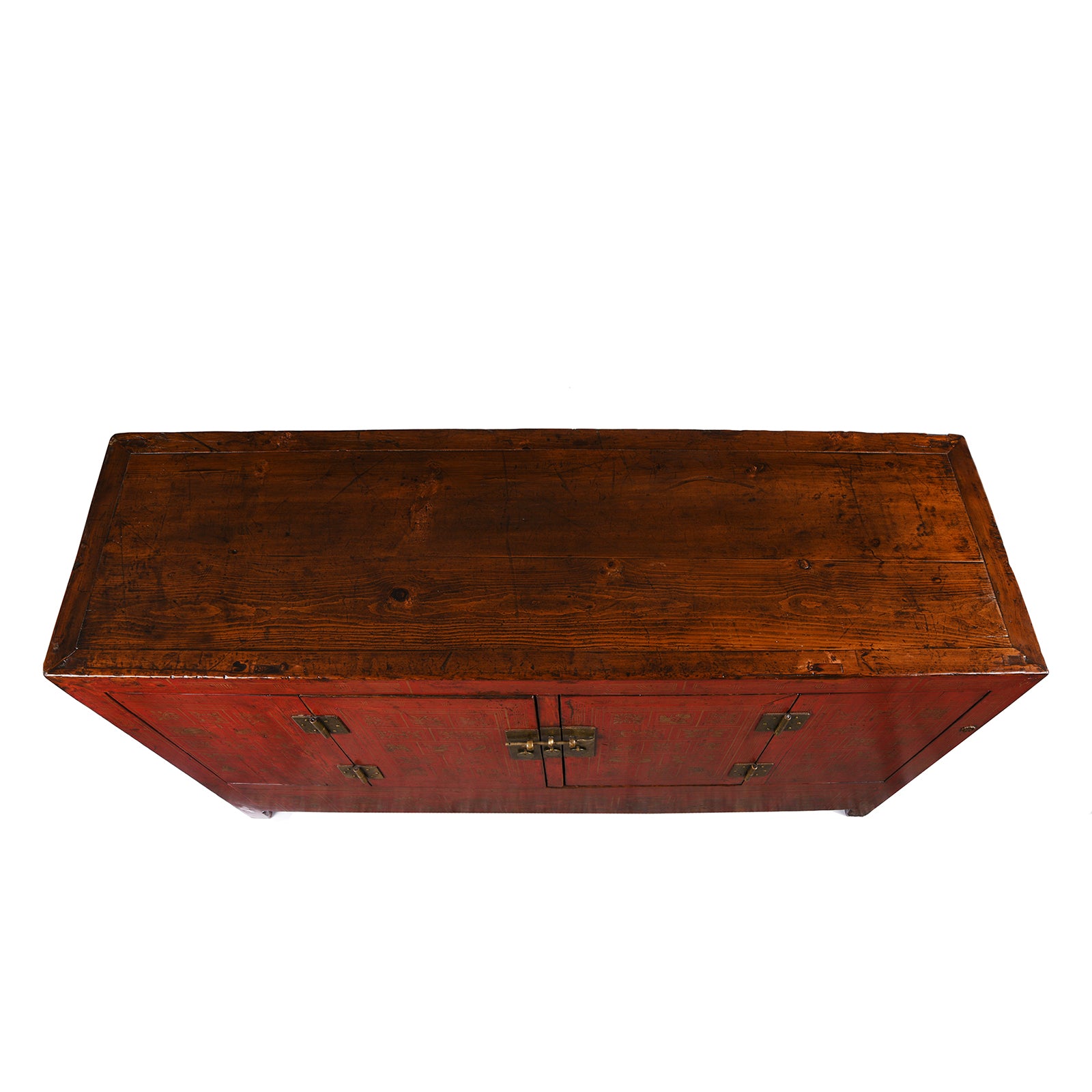 Top Down View Of Antique Red Lacquer Chinese Sideboard From Dongbei - Ca 1920 | INDIGO ANTIQUES
